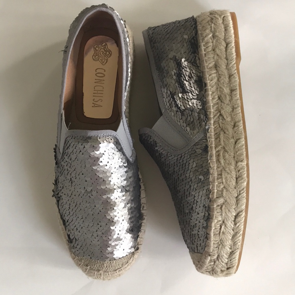 Conchisa Pewter Sequin Platform Espadrilles